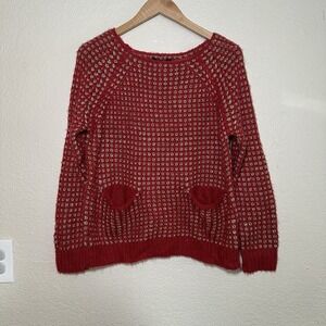 Papaya Womens M Holiday Sweater Red Gold Crochet Acrylic Crewneck Christmas Cozy